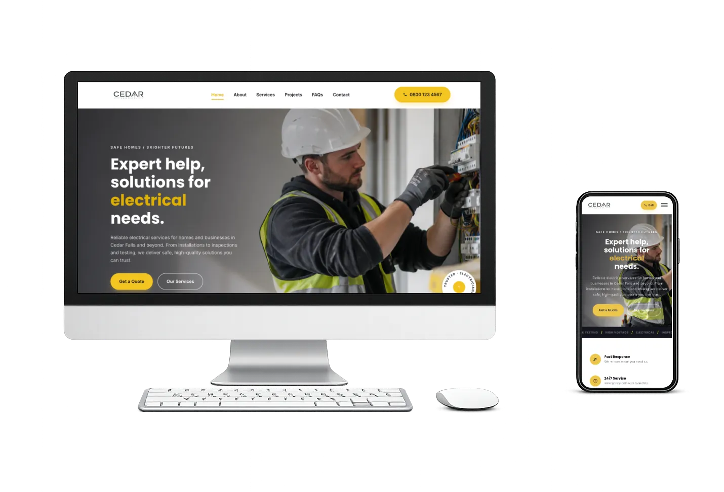 Cedar template for an electrician website, shown on desktop and mobile