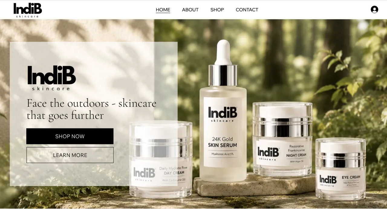 IndiB skincare website homepage