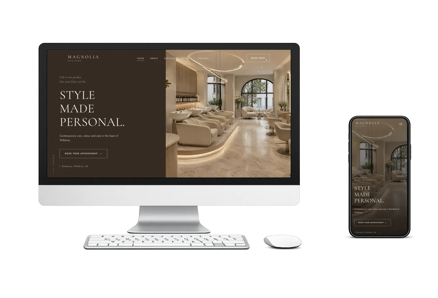 Magnolia template for a hair salon website, shown on desktop and mobile