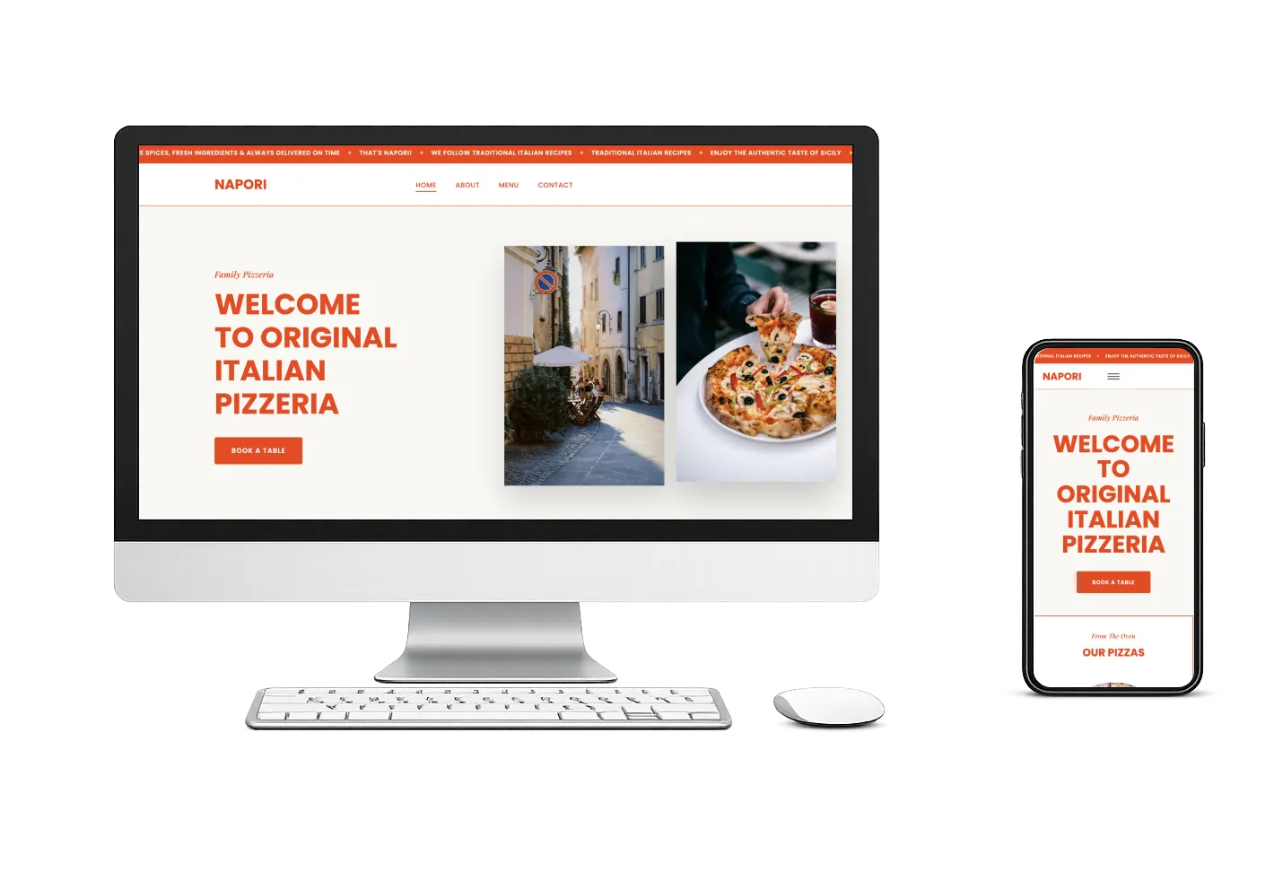 Marigold template for a restaurant website, shown on desktop and mobile