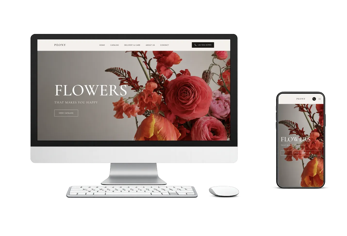 Peony template for a florist website, shown on desktop and mobile