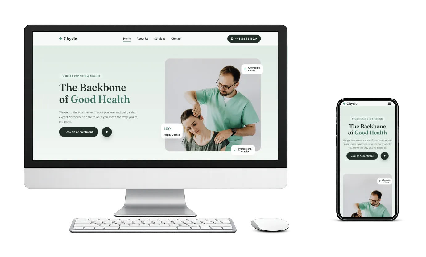 Sage template for a chiropractic clinic website, shown on desktop and mobile